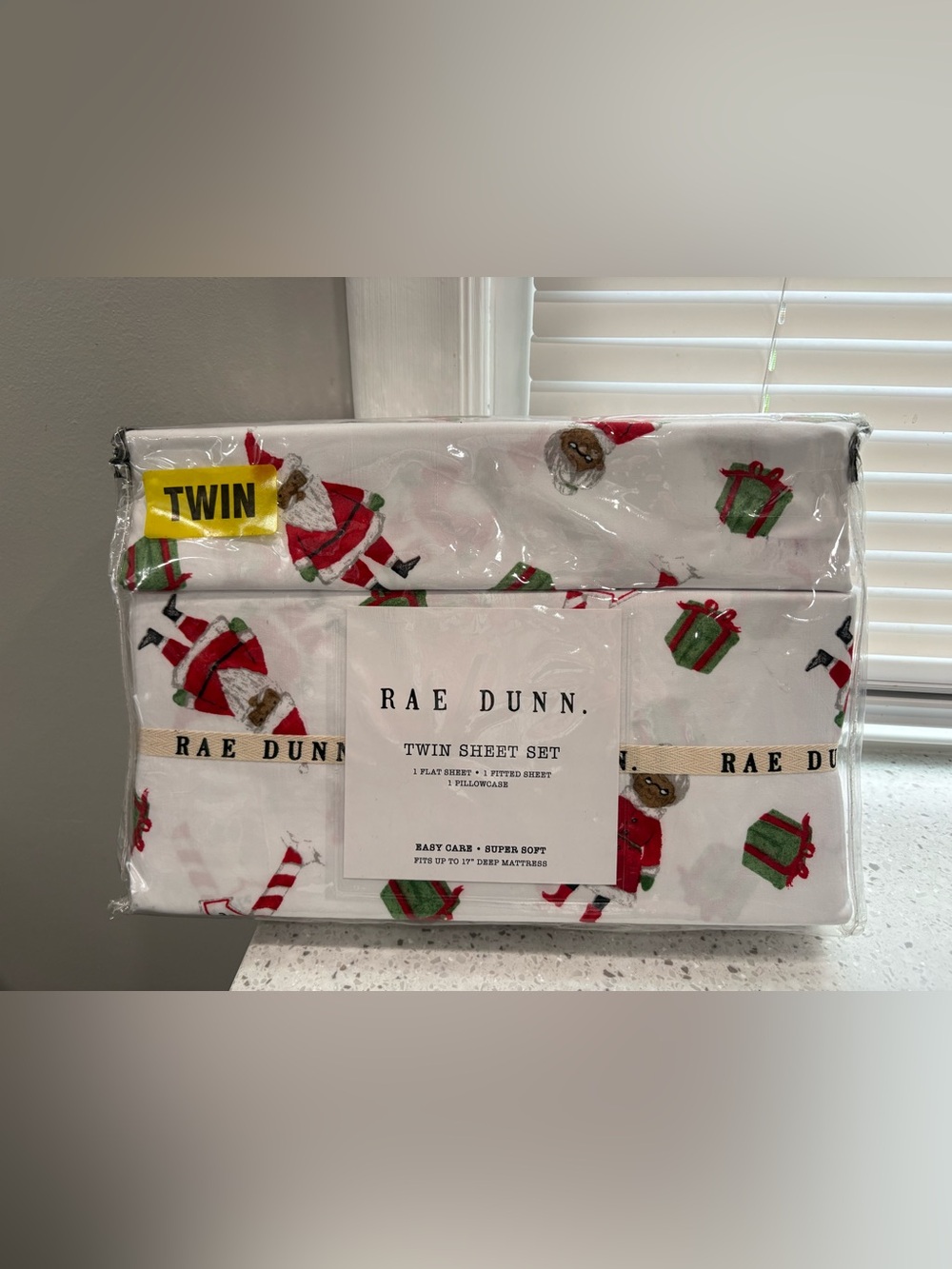 NEW Rae Dunn Twin Sheet Set - White with Red & Green Holiday Print